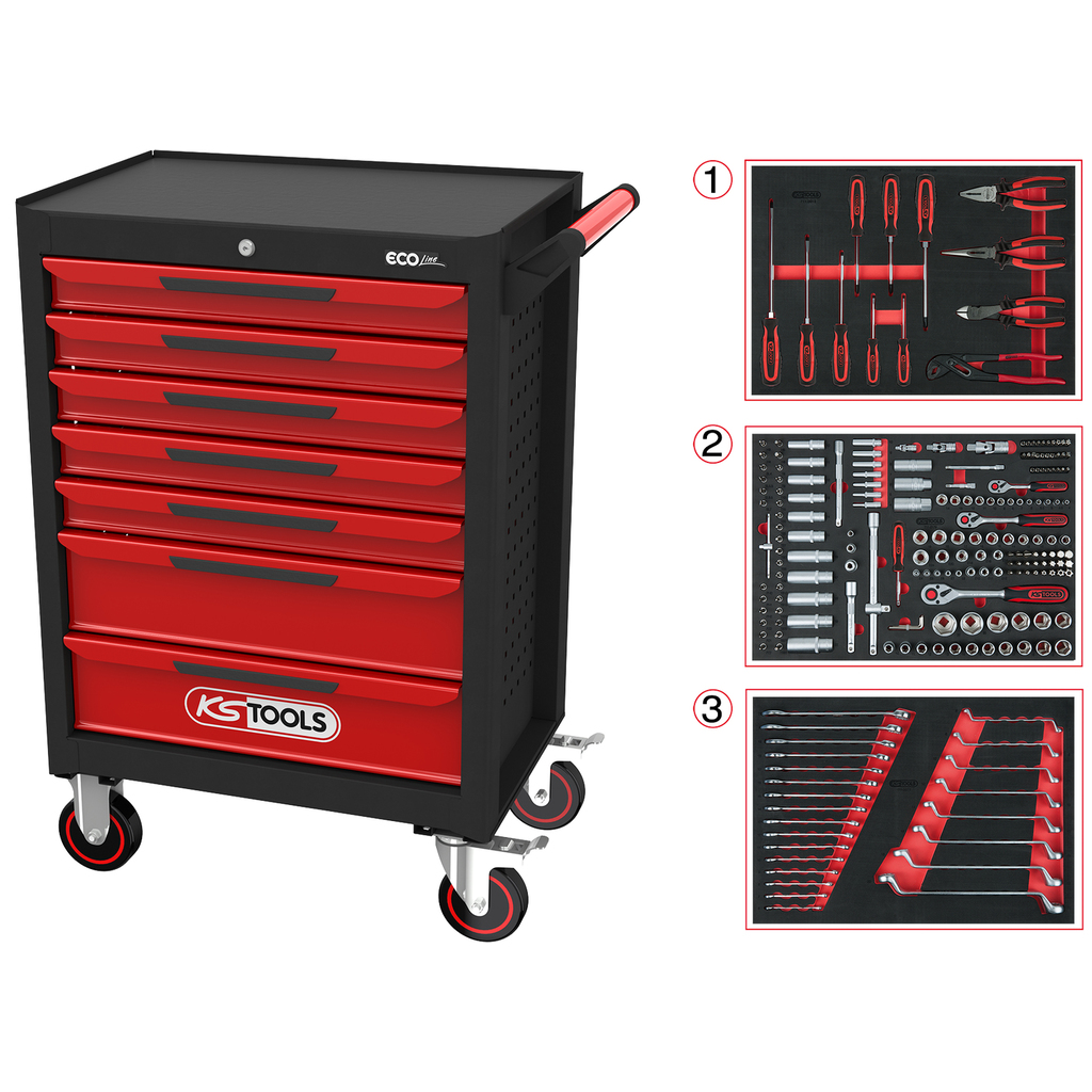 ECOline Workshop Roller Cabinet Black/Red with 7 Drawers and 515 Premium Tools 897.7515