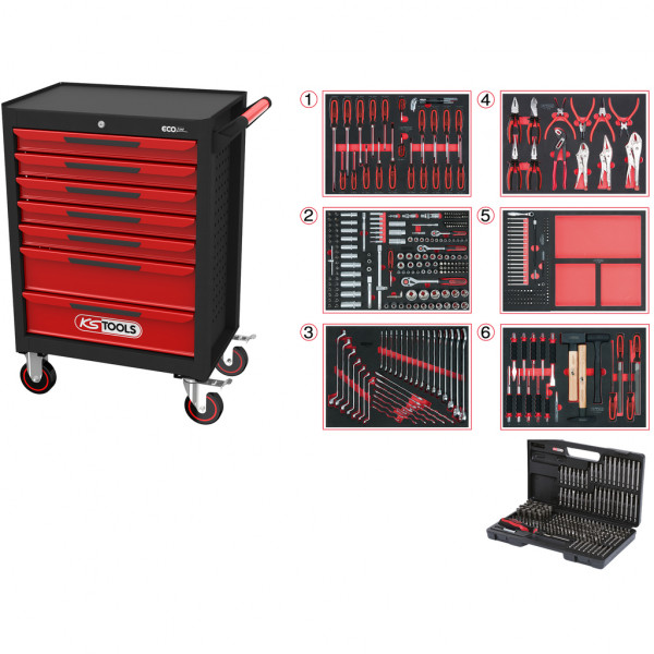 Workshop Trolley ECOline Black/Red with 7 Drawers and 598 Premium Tools