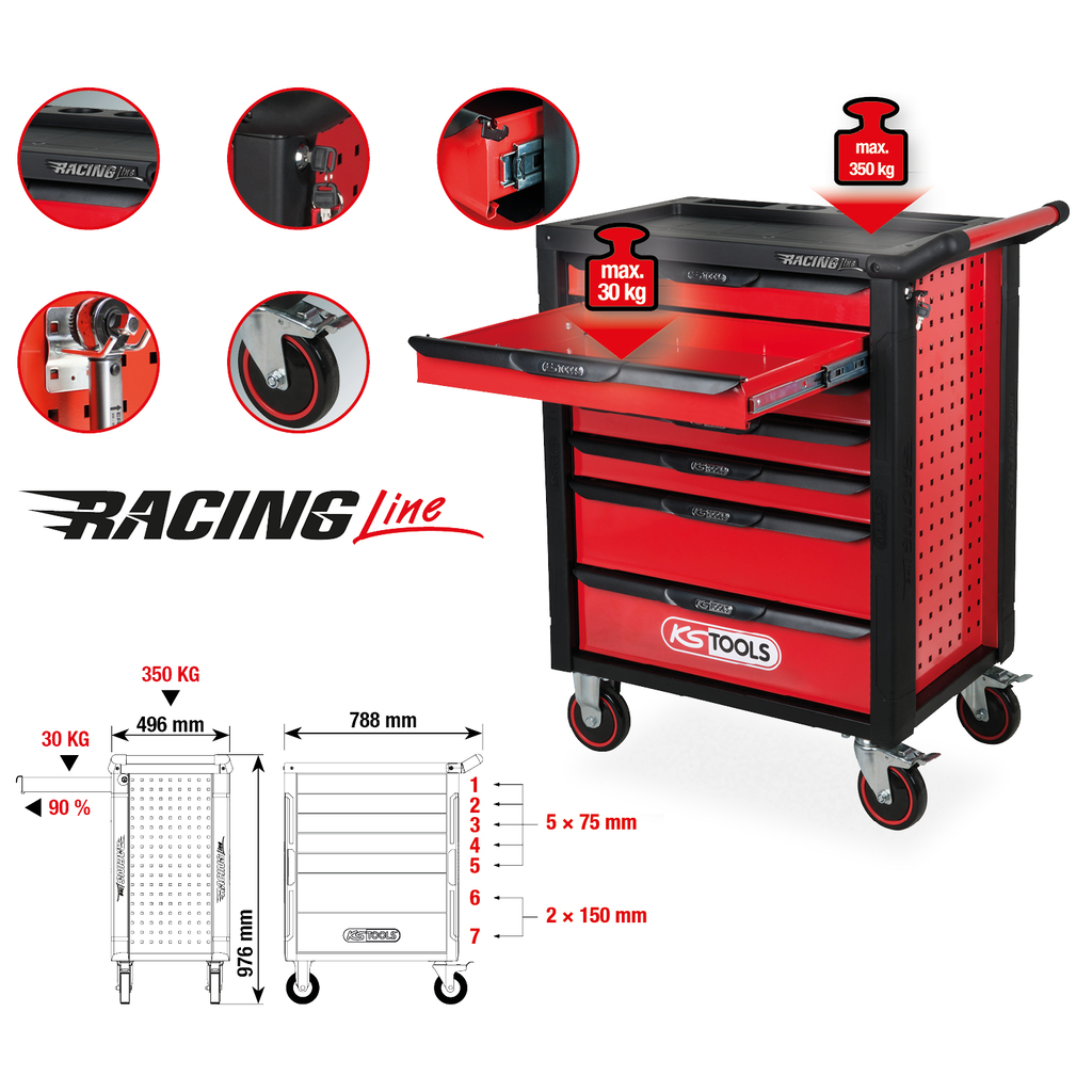 RACINGline Workshop Trolley Black/Red, 7 Drawers 826.0007