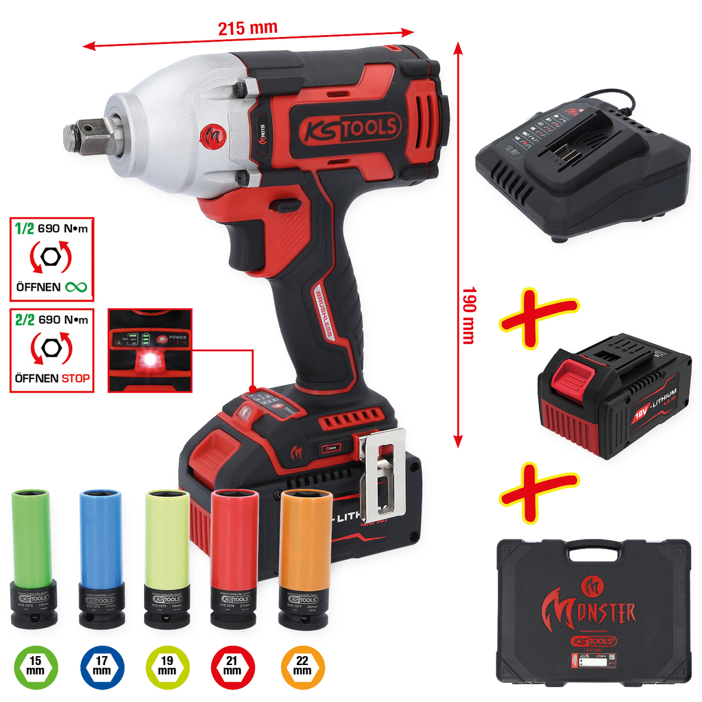 KS Tools eMONSTER 1/2" Brushless Cordless Impact Wrench Set, 9-piece