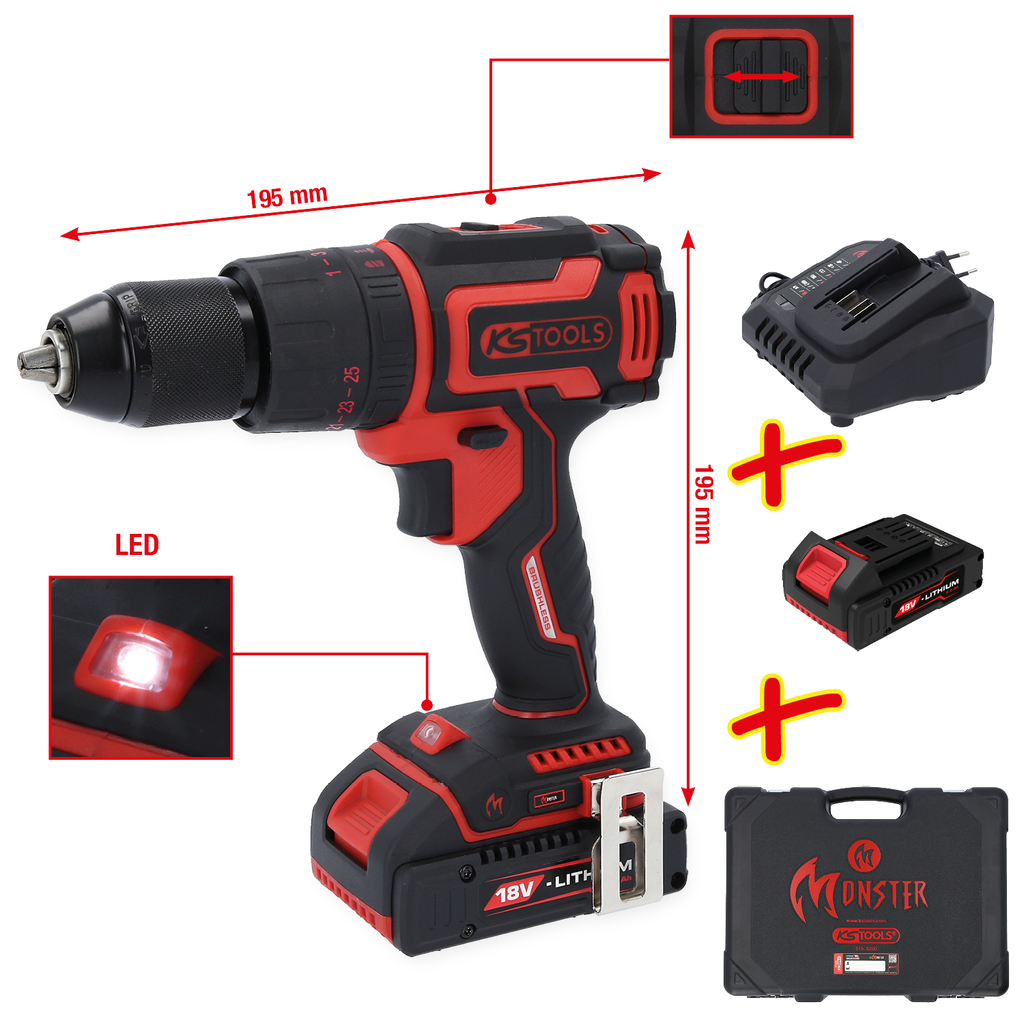 KS Tools eMONSTER Brushless Cordless Impact Drill Driver Set, 4-piece
