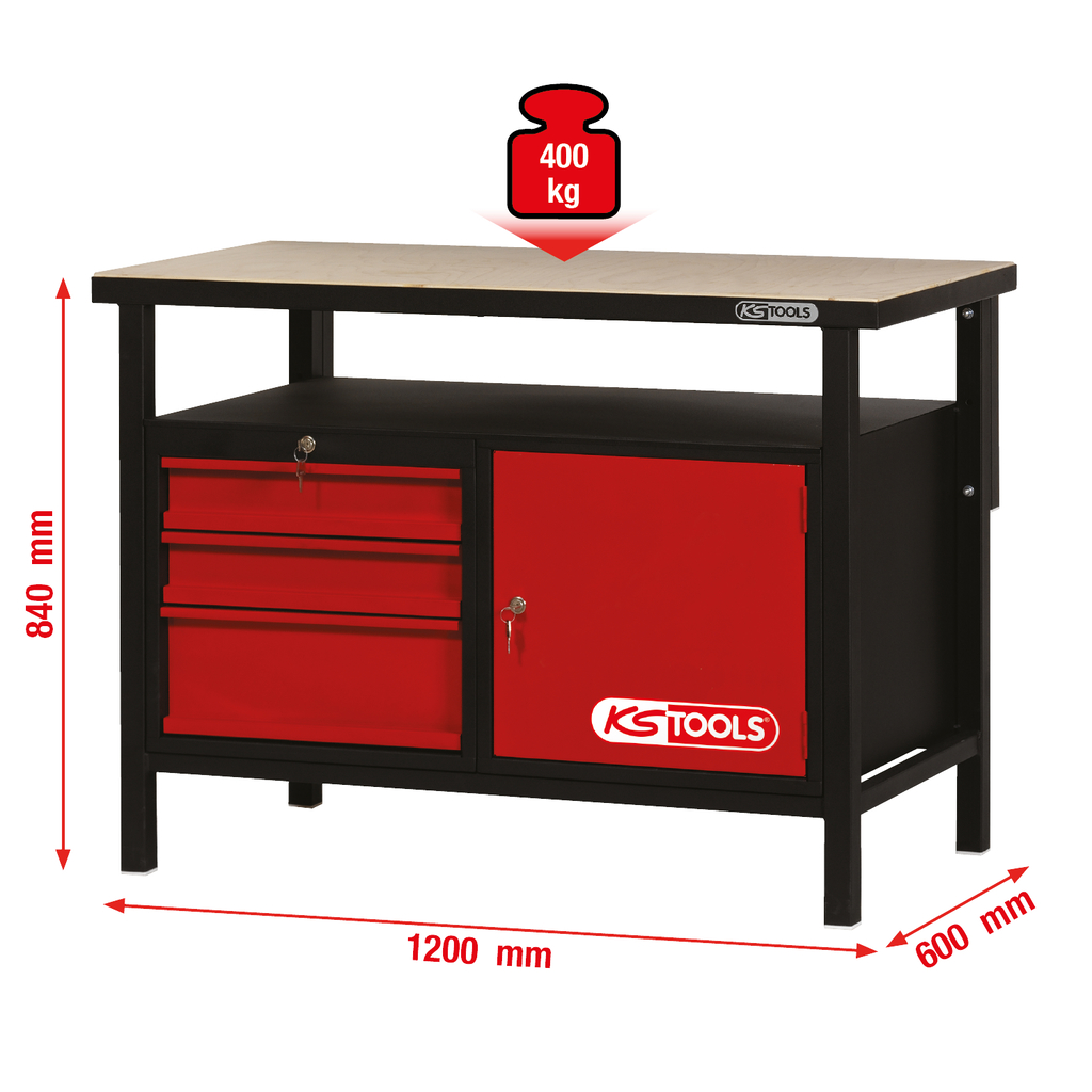 Workbench with 3 Drawers and 1 Door, H840xW1200xD600mm