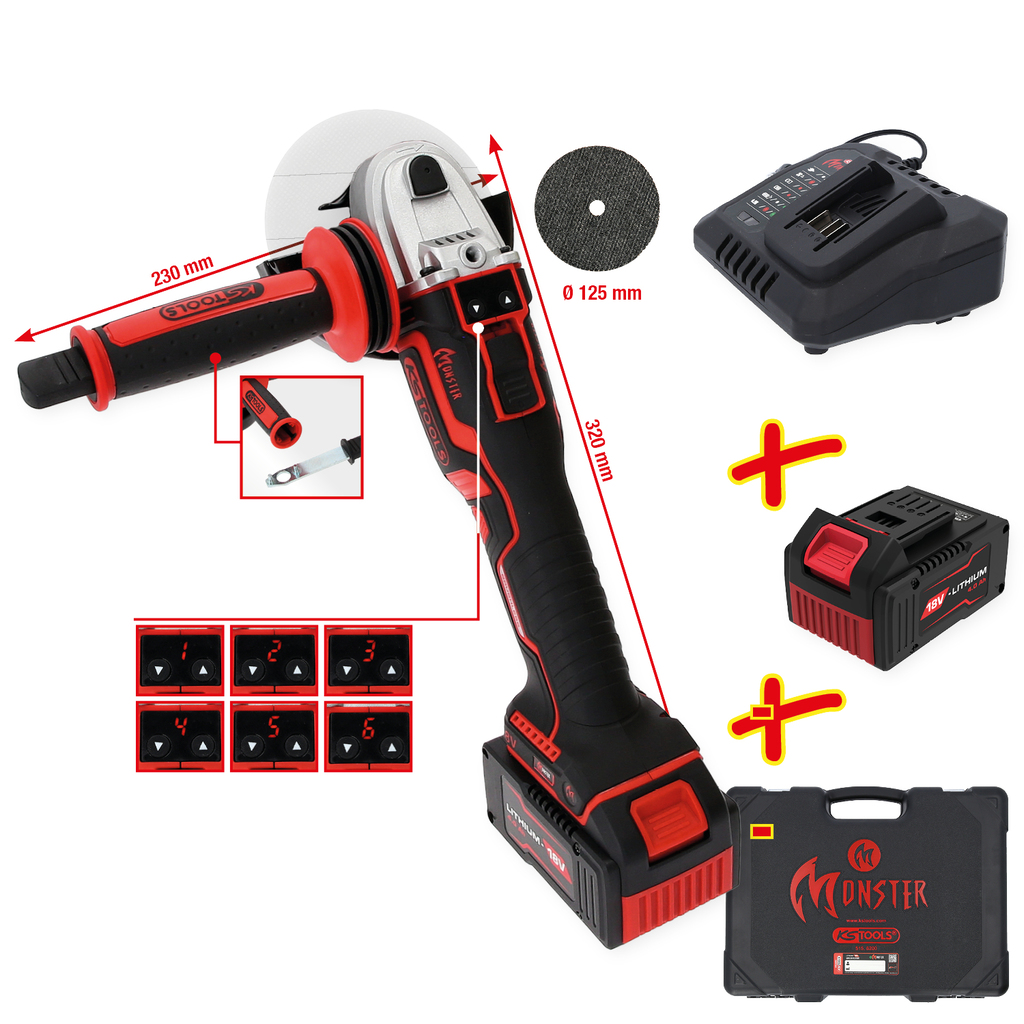 [515.6200] KS Tools eMONSTER Brushless Cordless Angle Grinder Set, 4-piece