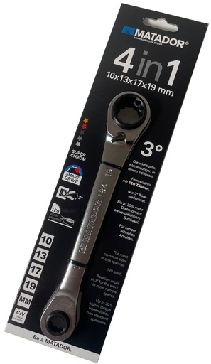 [0184 0001] MATADOR 4-in-1 Ratcheting Ring Spanner 10 x 13 x 17 x 19 mm